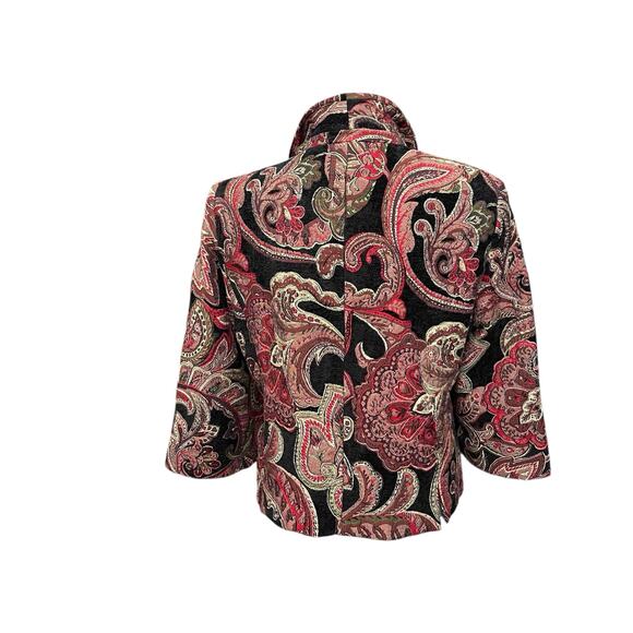 Harvé Benard Paisley Kimono Jacket Size 14 Red Black Jacquard Open Front Boho - Picture 2 of 7